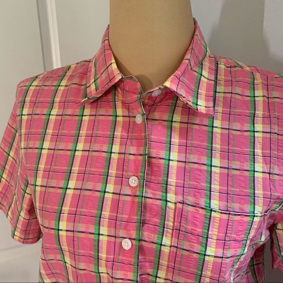 Karen Scott Sport Plaid Short Sleeve Button Down Light Multi-Colored Top - Picture 4 of 5